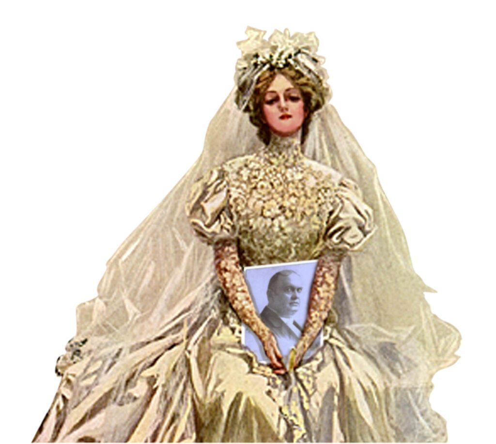 A woman in a wedding dress holding a picture.