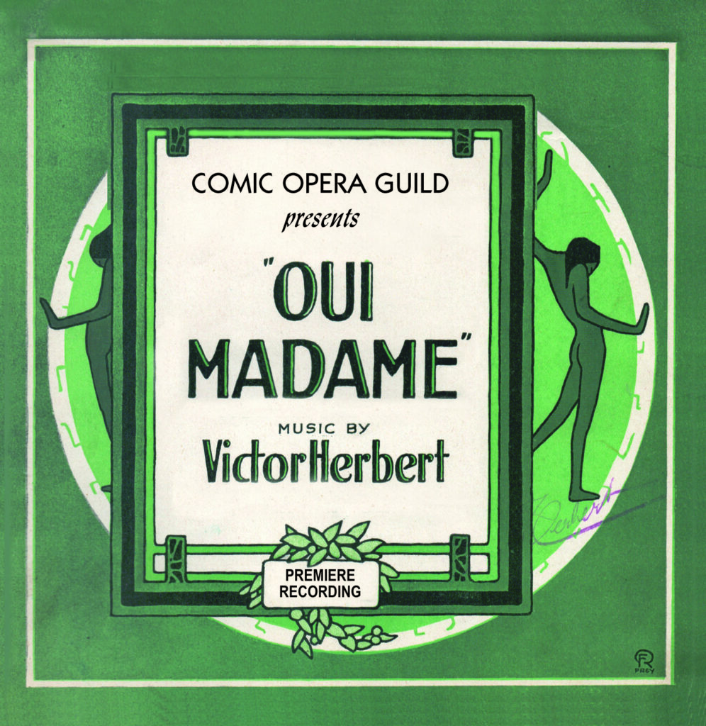 A green and white poster of the opera " oui madame ".
